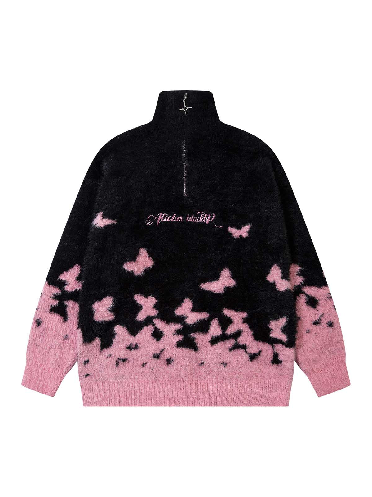 Faux Mink Butterfly Zip Up Turtle Neck Sweater