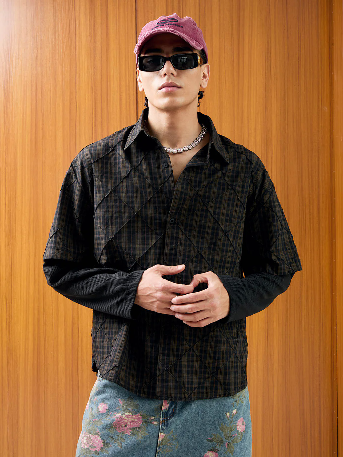 Heavy Plaid Pleated Striped Faux Two-Piece Polo Shirt