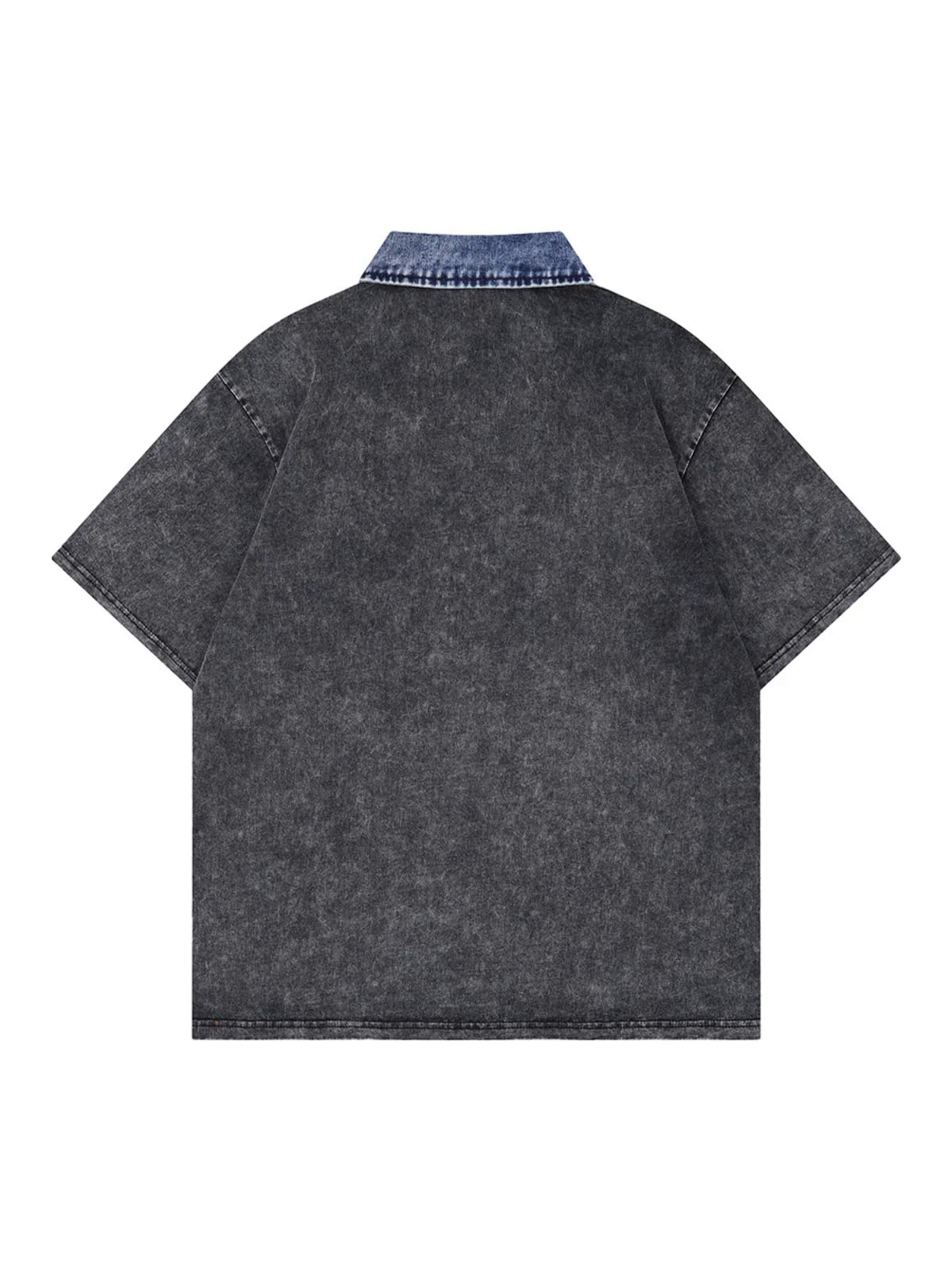 Distressed Embroidered Denim Collar Polo Shirt