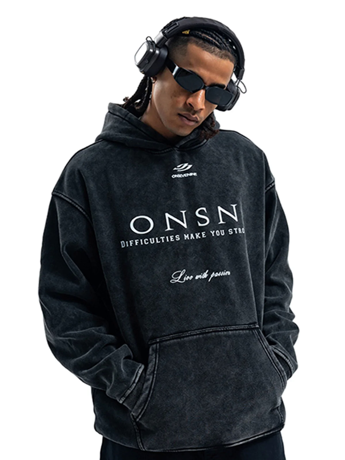 Heavy Washed Print Fleece Hoodie