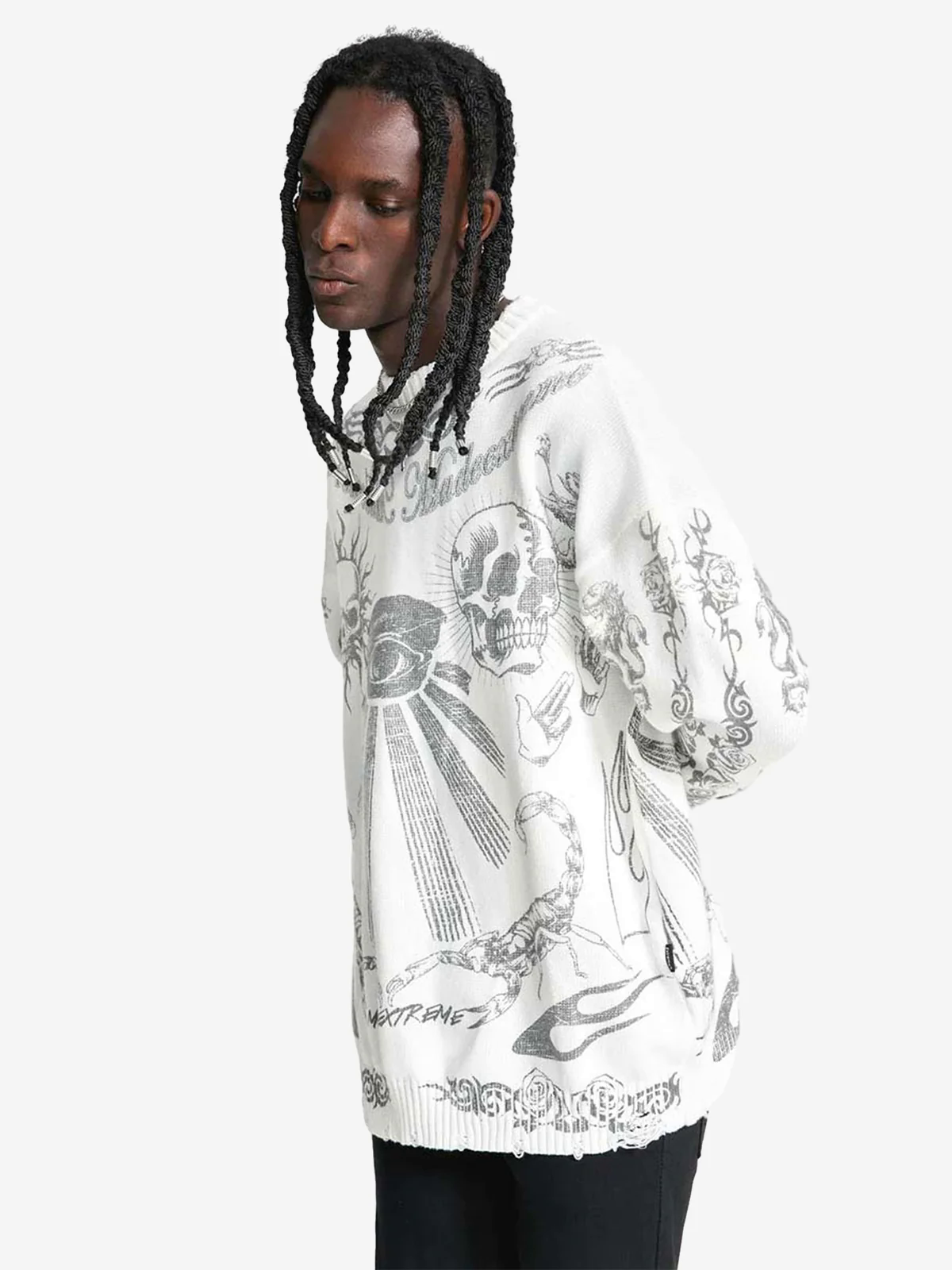 Skull Print Distressed Sweater - 1002