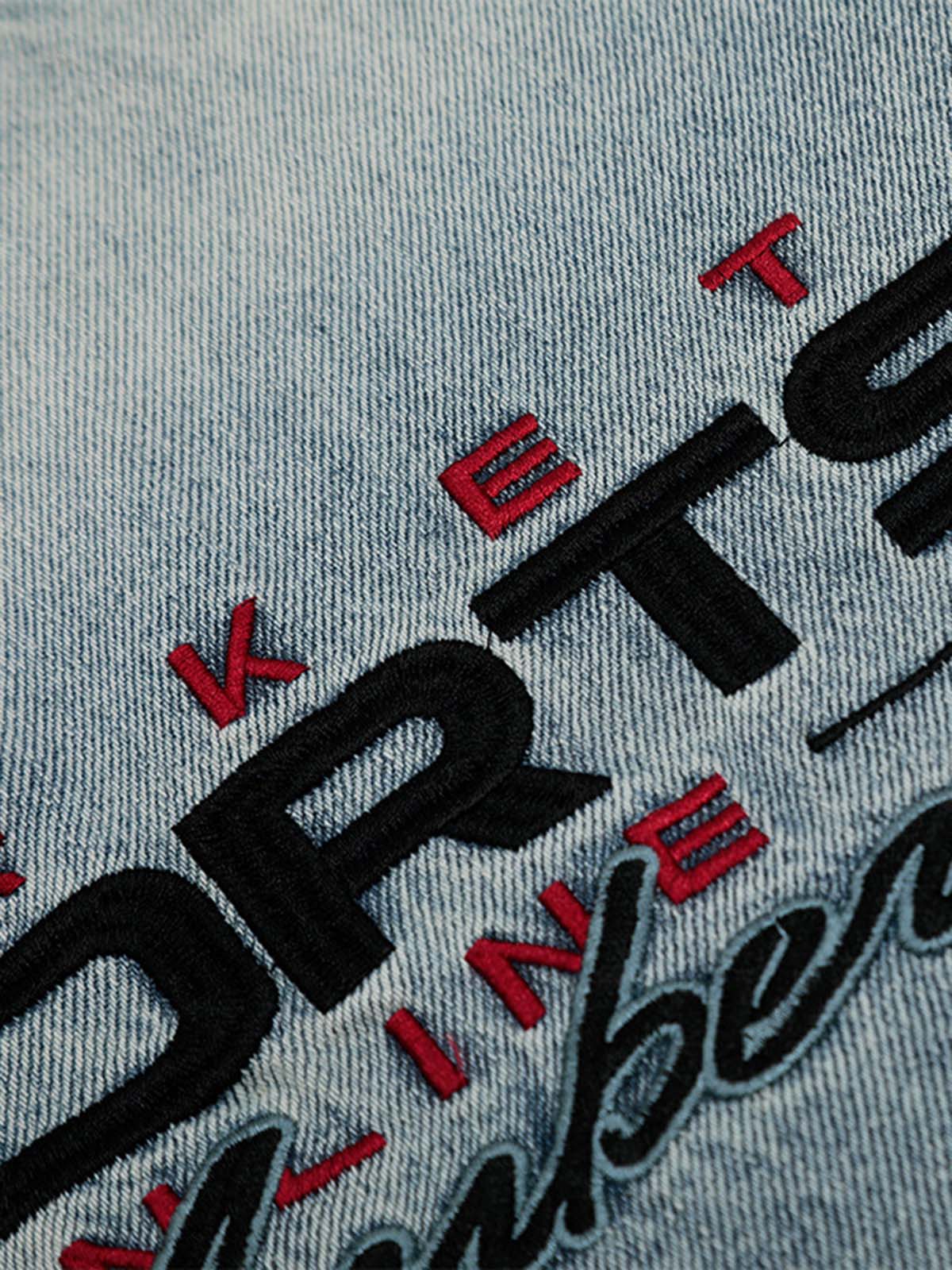 Embroidered Washed Distressed Denim Hoodie