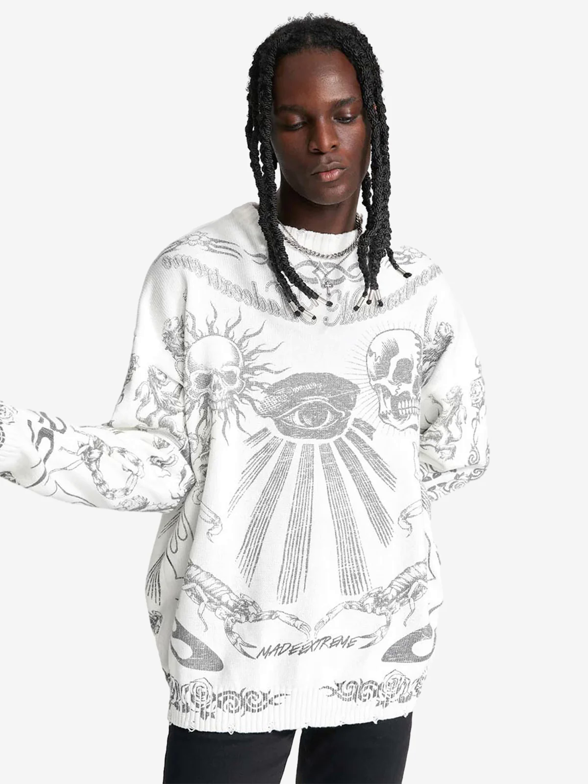 Skull Print Distressed Sweater - 1002