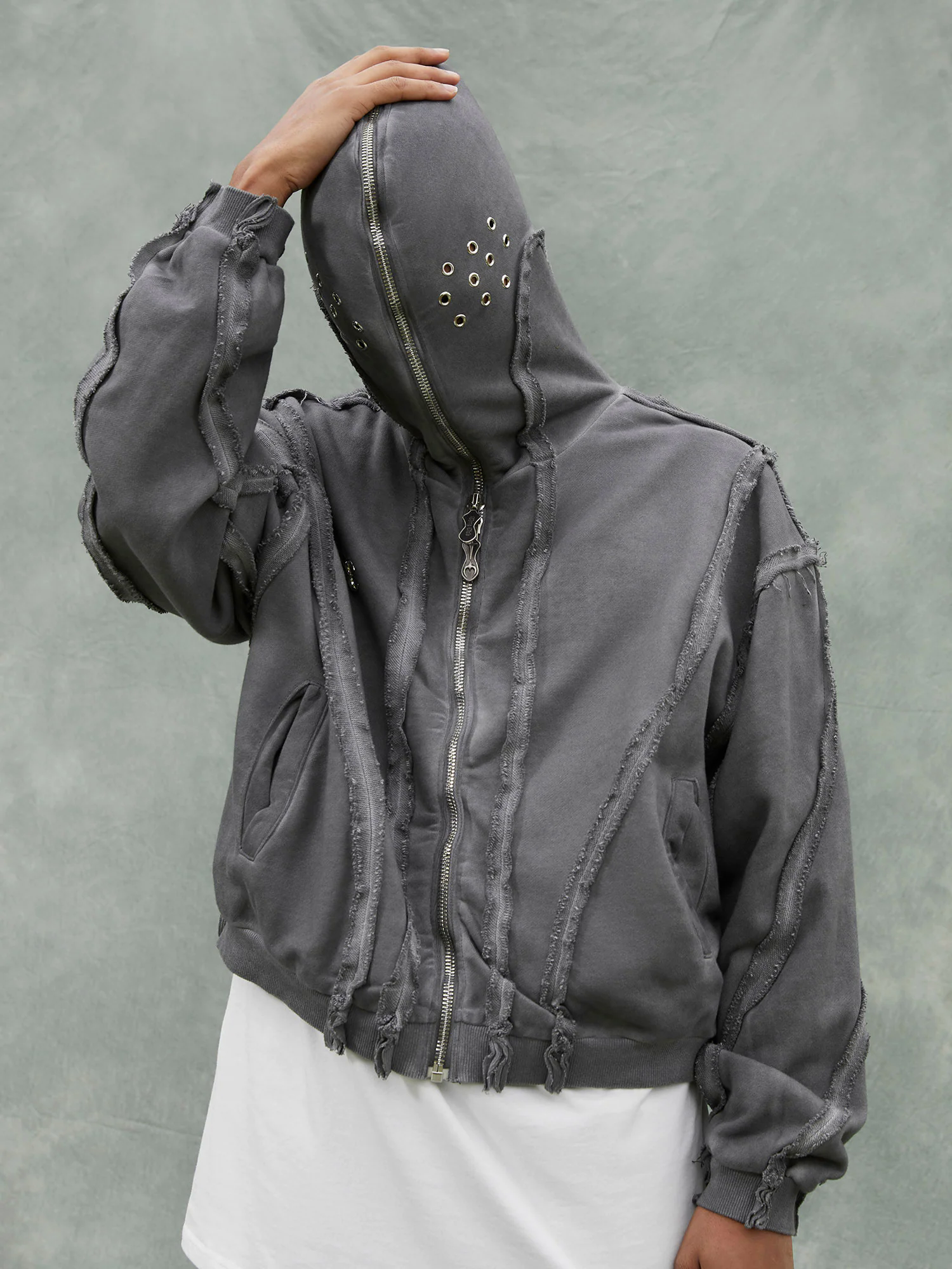 Heavy Washed Distressed Full Zip Hoodie - 2057