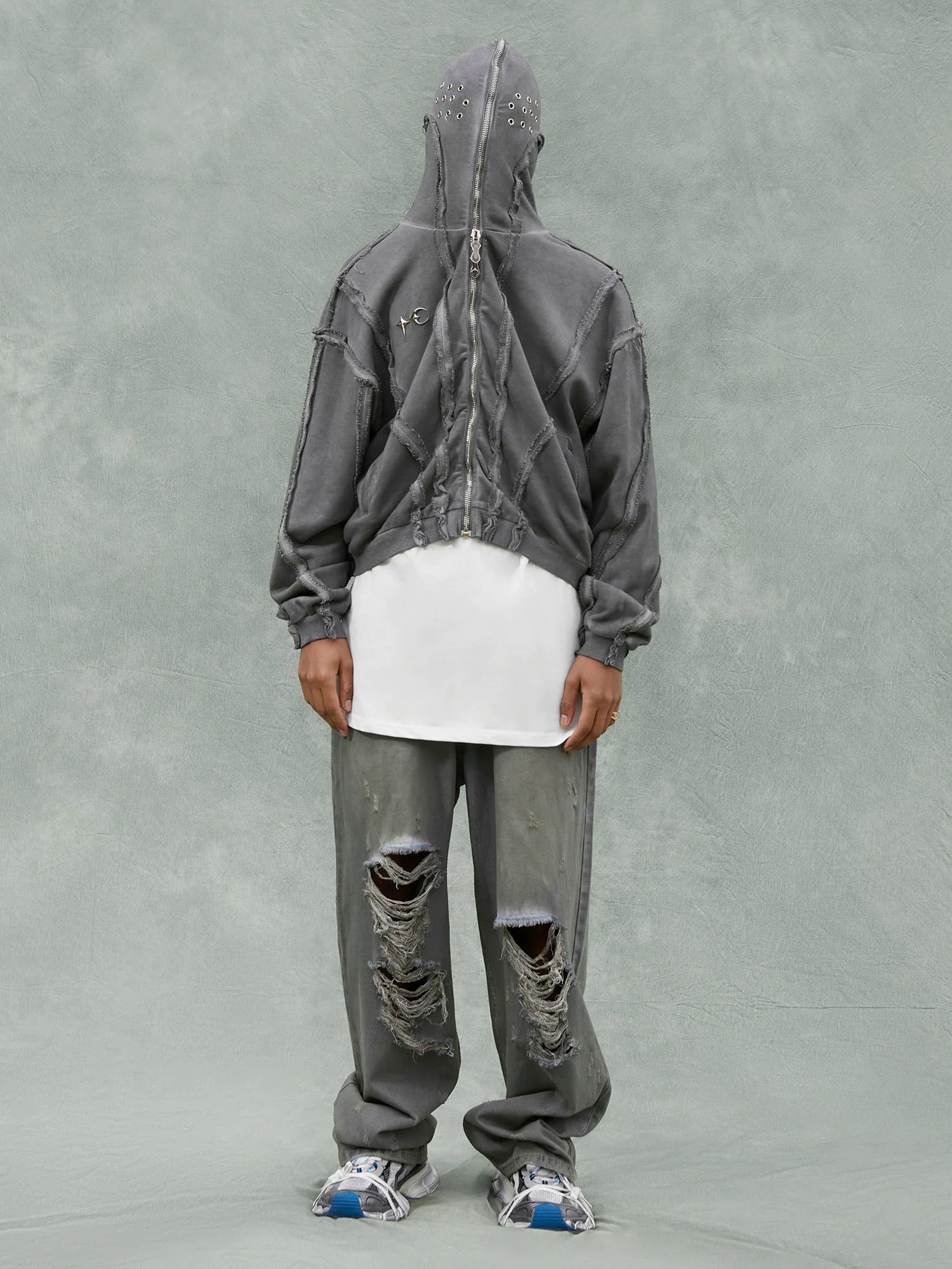 Heavy Washed Distressed Full Zip Hoodie - 2057