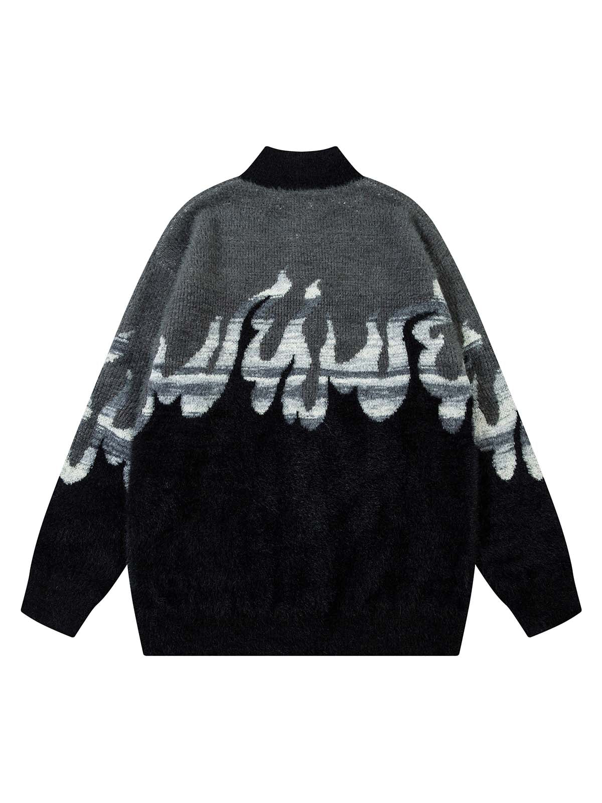 Flame Embroidery Fuzzy Zipper Sweater