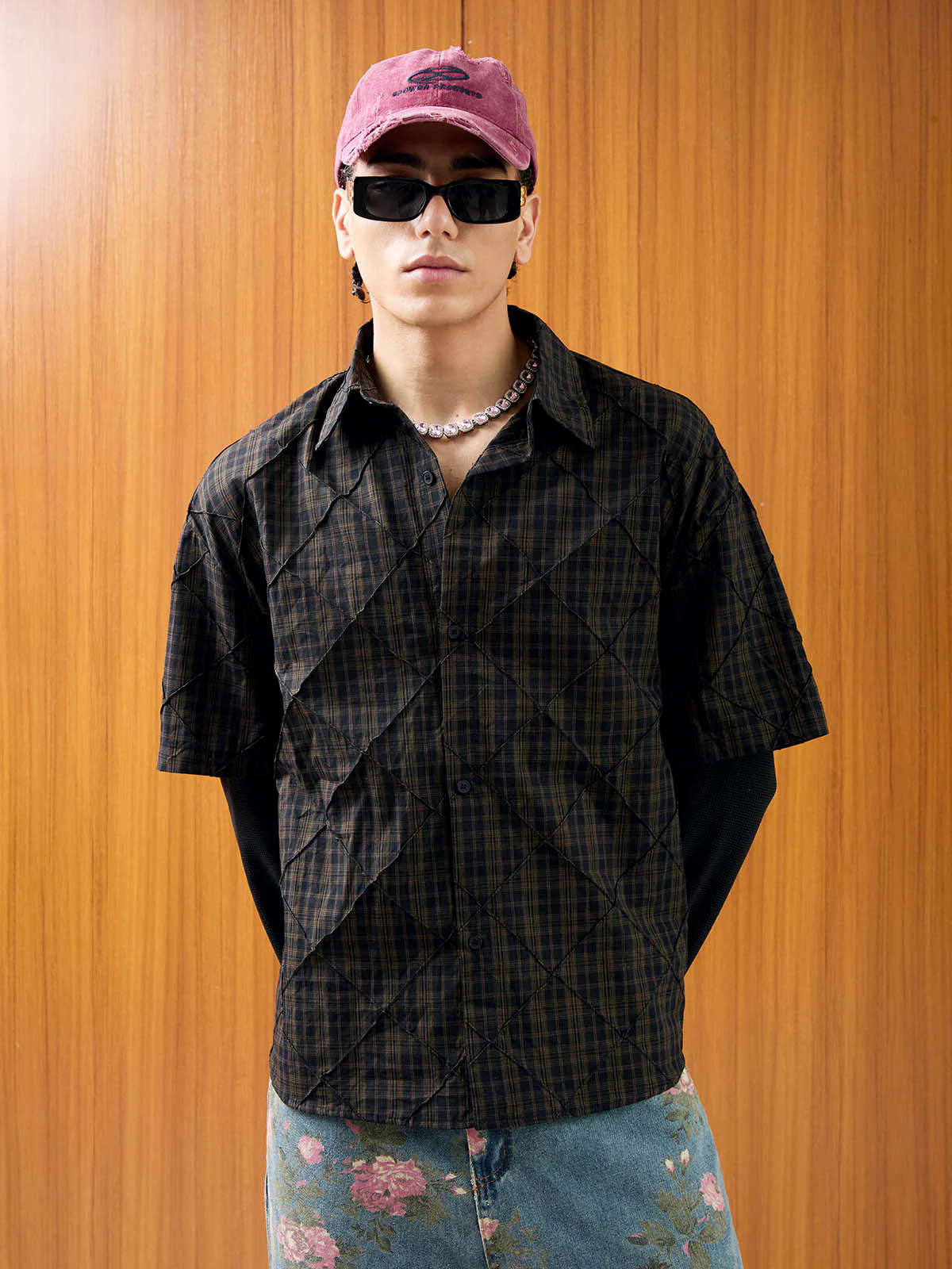 Heavy Plaid Pleated Striped Faux Two-Piece Polo Shirt